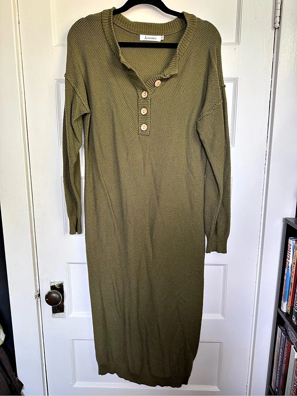 Anrabess Waffle Knit Button V-Neck Sweater Midi Dress Earthy Boho Olive Green La - Picture 3 of 11